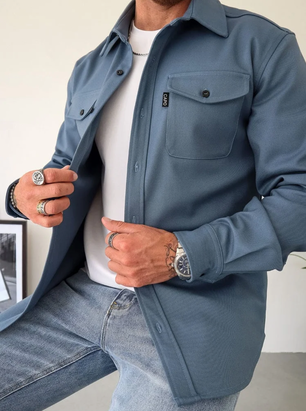 Casual Heren Overhemdjas Met Knoopsluiting En Borstzakken