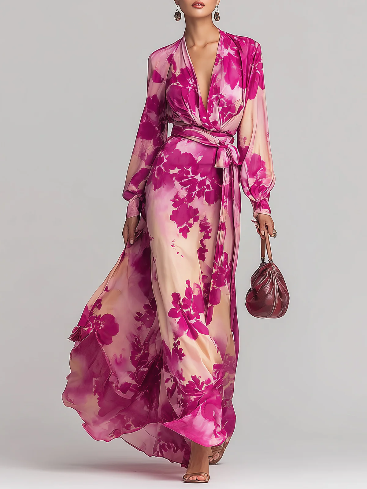 Maxi Jurk in chiffon met lange mouwen en een elegant bloemenprint, perfect voor dames die stijl en comfort willen combineren. - 2