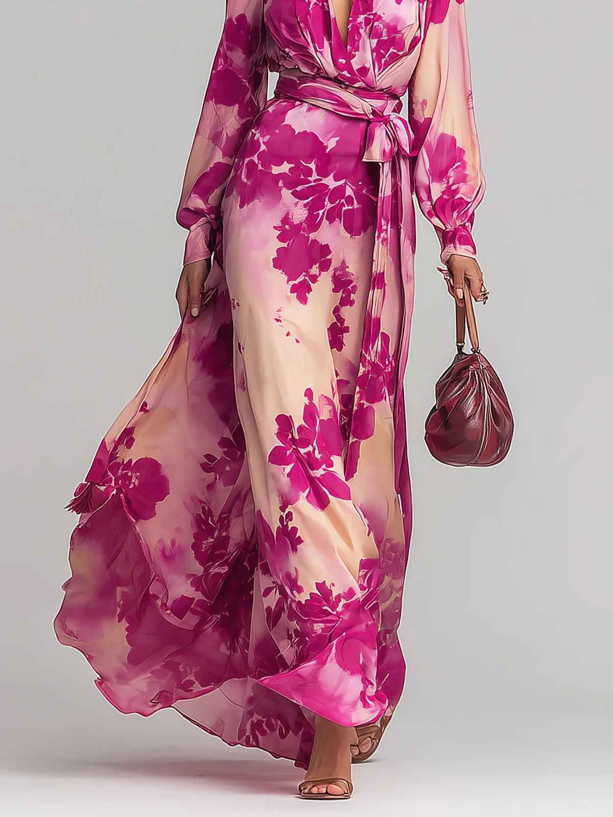 Maxi Jurk in chiffon met lange mouwen en een elegant bloemenprint, perfect voor dames die stijl en comfort willen combineren. - 4