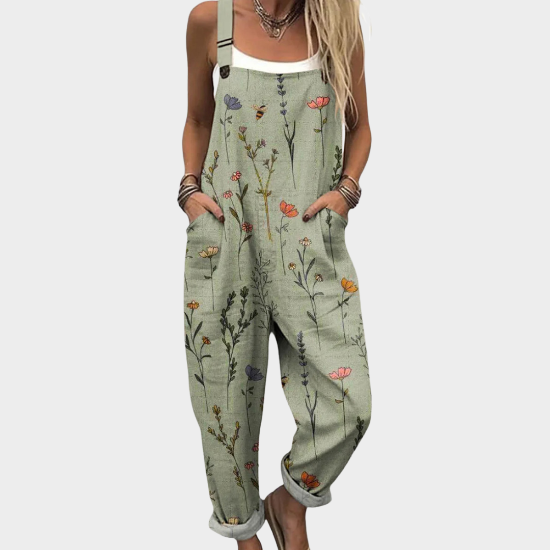 Dames Dungarees in lichtgroen linnen met bloemenprint en verstelbare schouderbanden, perfect voor een trendy en - 2