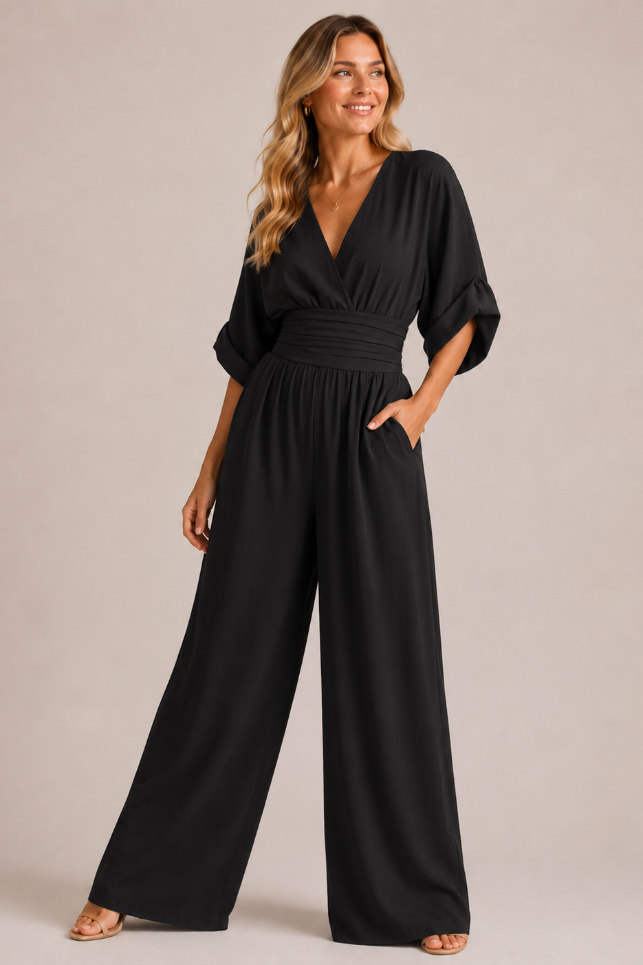 Dames Jumpsuit in zwart, featuring een hoge taille en wijde pijpen, perfect voor feestelijke gelegenheden. - 8