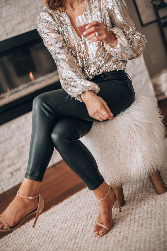Vrouwen Pailletten Wikkelblouse Met V-Hals En Lange Mouwen