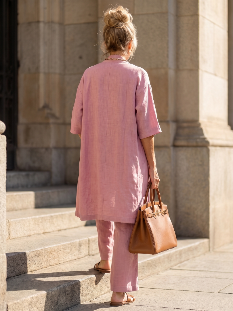 Liora Linnen Set Dames featuring a sleeveless top, wide-leg pants, and a longline cardigan, perfect for a stylish and comfortable summer - 1