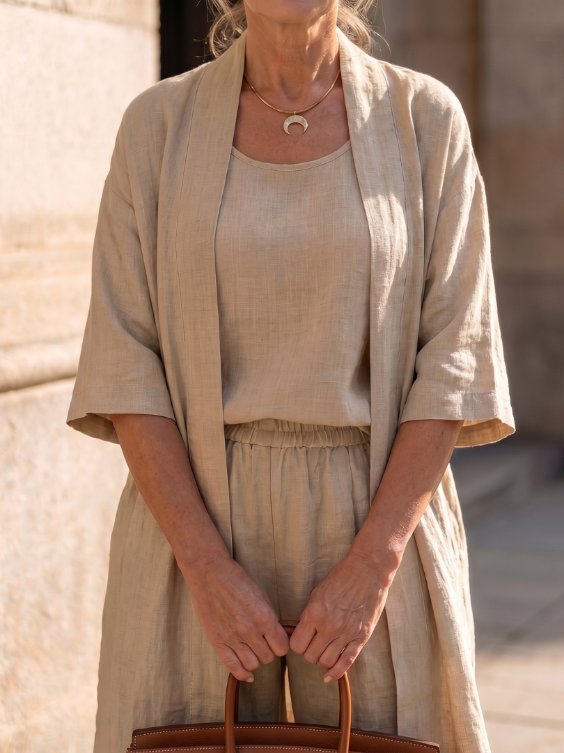 Liora Linnen Set Dames featuring a sleeveless top, wide-leg pants, and a longline cardigan, perfect for a stylish and comfortable summer - 6