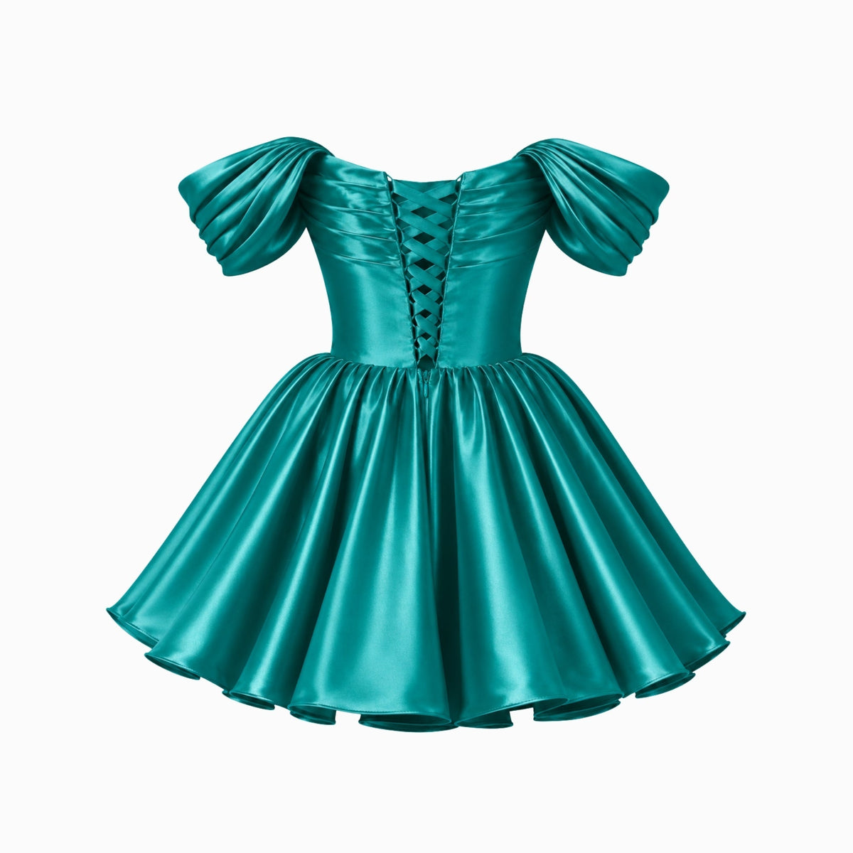 Mini Jurk in satijn met off-shoulder ontwerp en puff mouwen, perfect voor een stijlvolle avonduitgang. - 11