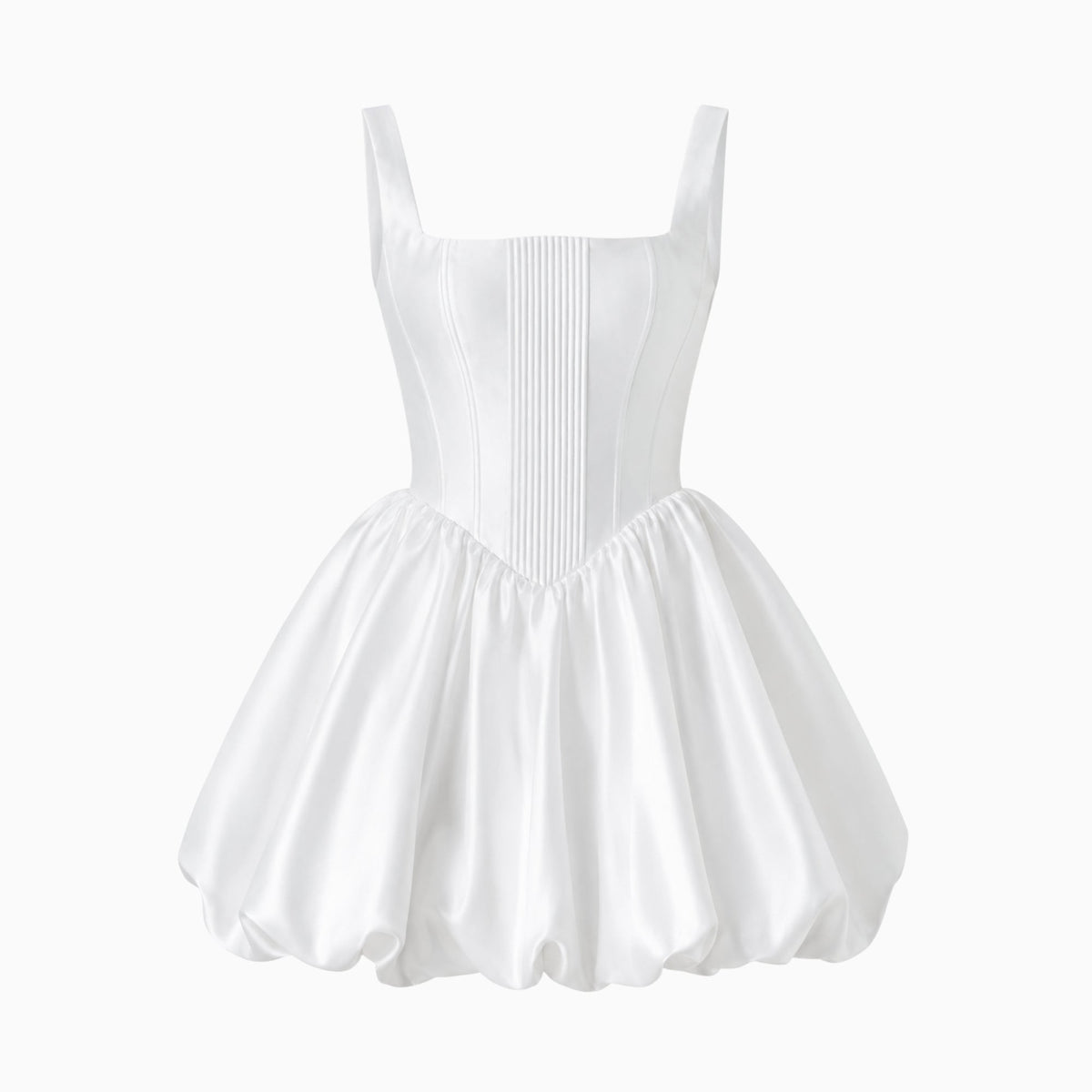 Mini Jurk in wit satijn met corset en bubble rok, ideaal voor bruiloften en cocktailparty's. - 4