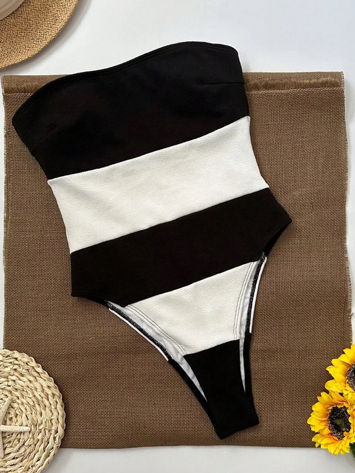 Jumpsuit for Women featuring a strapless design, high leg cut, and contrasting stripes for a stylish and modern look. - 3