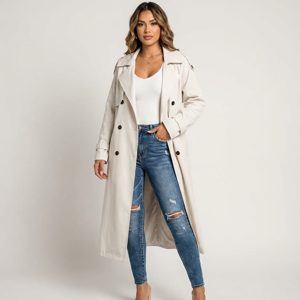 Dames Trenchcoat in lange pasvorm met klassiek design, perfect voor stijlvolle en elegante outfits. - 4
