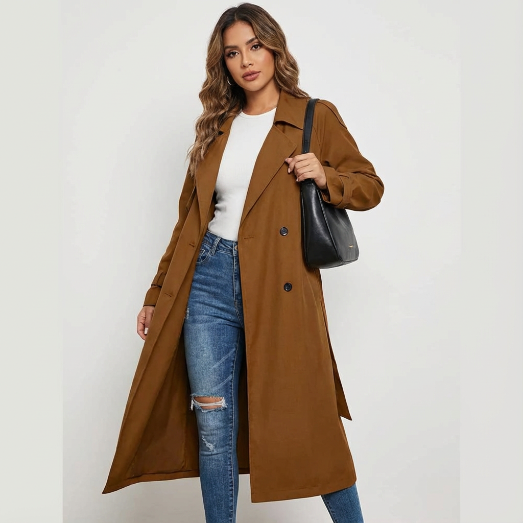Dames Trenchcoat in lange pasvorm met klassiek design, perfect voor stijlvolle en elegante outfits. - 6