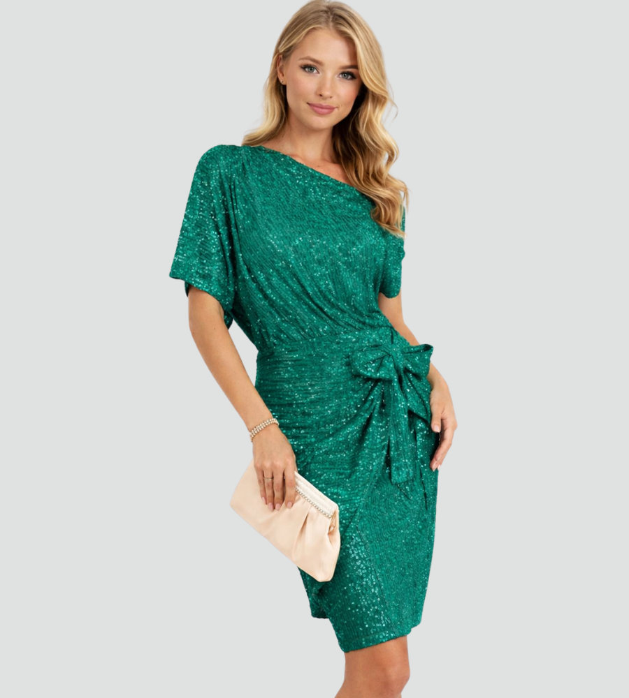 Cocktailjurk voor dames met glitter, één schouder en taille strik, perfect voor feestelijke gelegenheden. - 2