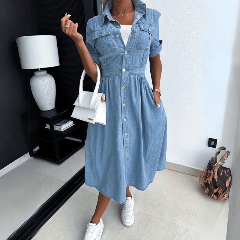 Denim Midi Jurk – Tijdloze Spijkerjurk voor Vrouwen met Comfortabele Pasvorm