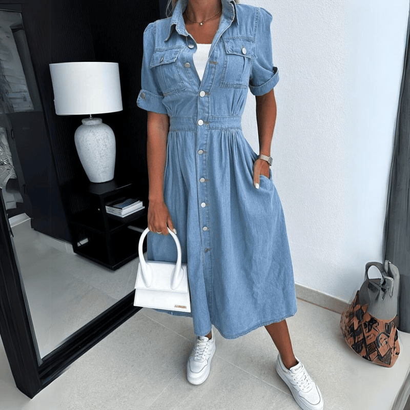 Denim Midi Jurk – Tijdloze Spijkerjurk voor Vrouwen met Comfortabele Pasvorm