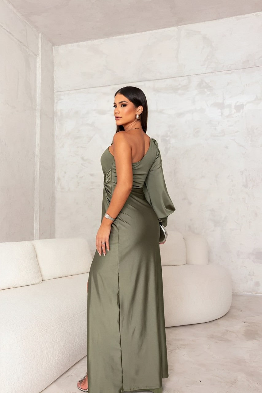 Elegante One-Shoulder Avondjurk met Gedrapeerde Taille en Split