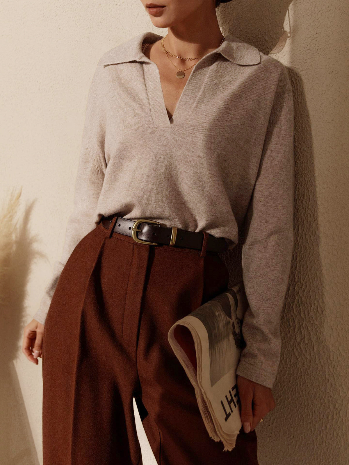 Dames Gebreide Sweater Met Collared V-neck Pasvorm