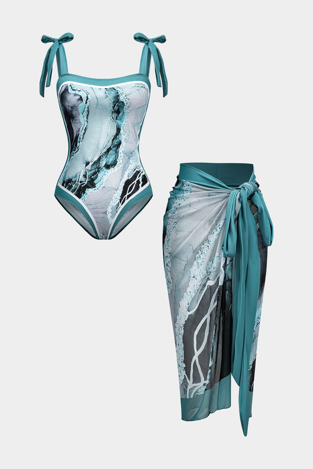 Badpak Set Dames met abstracte print, verstelbare strikbanden en bijpassende pareo, perfect voor een stijlvolle strand - 1