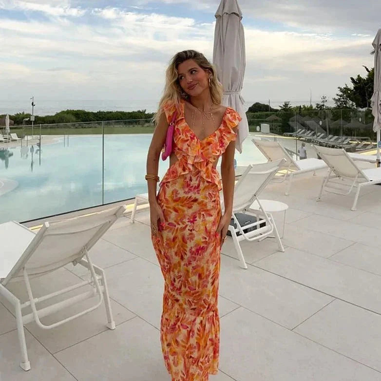 Dalia Maxi Jurk met ruches en open rug, perfect voor de zomer, in een elegante en comfortabele stijl. - 1