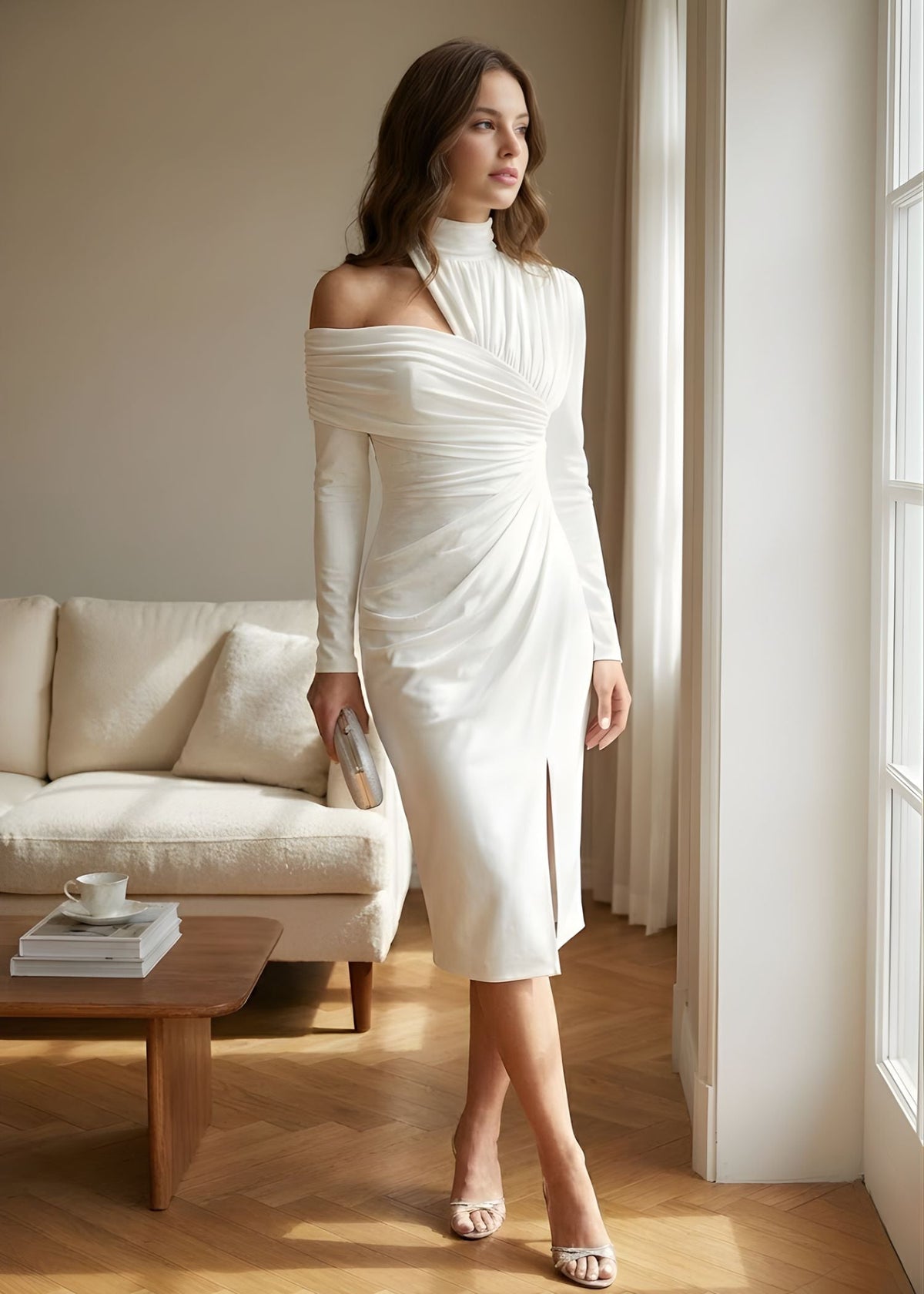 off-shoulder midi jurk van Dara Dames, gemaakt van stretchy materiaal voor een perfecte pasvorm en moderne uitstraling. - 2