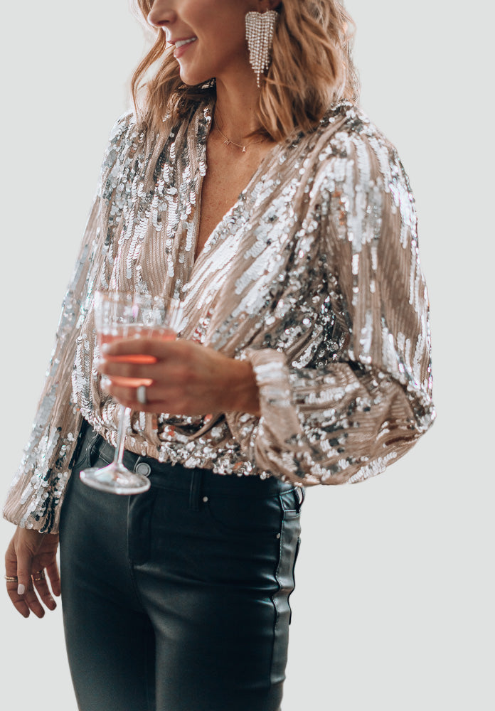 Fiona Dames Blouse met pailletten, lange mouwen en een stijlvolle V-hals, perfect voor speciale gelegenheden. - 1