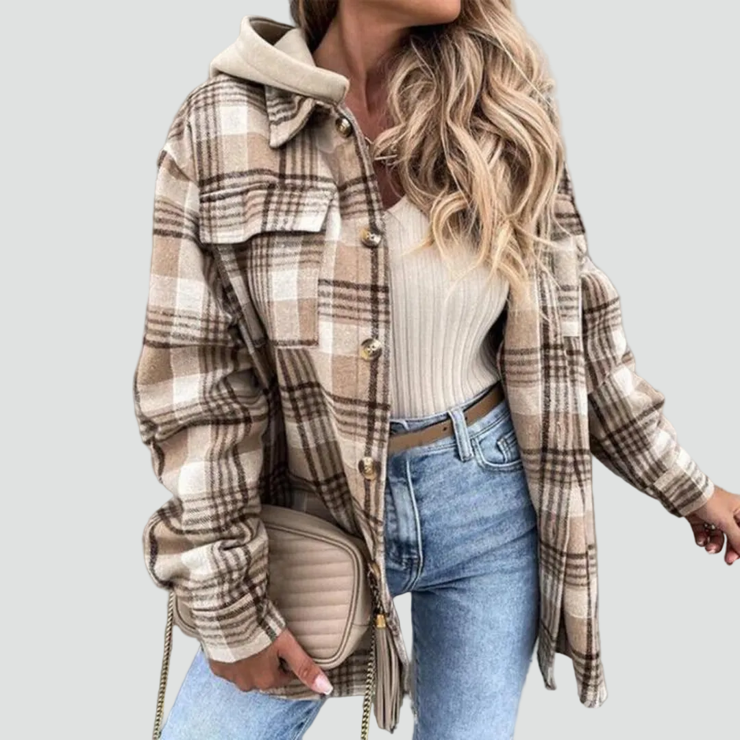 Dames Tussenjas in geruit design met capuchon en knoopsluiting, perfect voor de herfst en winter. - 1