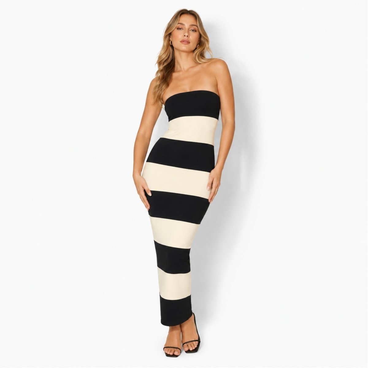 Maxi Jurk in zwart-crème gestreept design, strapless lange jurk voor dames, perfect voor zomerse gelegenheden. - 1