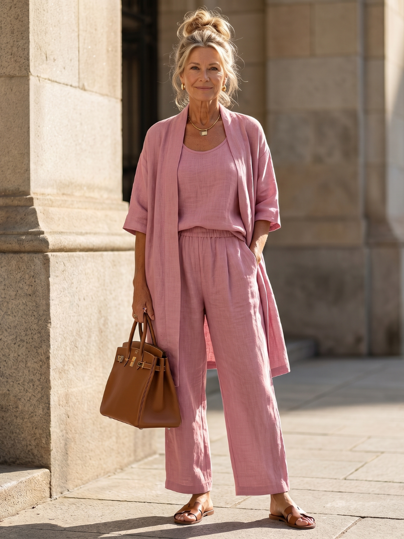 Liora Linnen Set Dames featuring a sleeveless top, wide-leg pants, and a longline cardigan, perfect for a stylish and comfortable summer - 2
