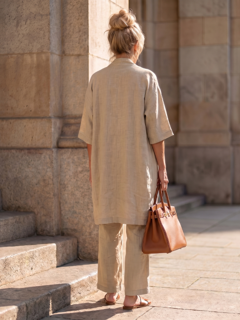 Liora Linnen Set Dames featuring a sleeveless top, wide-leg pants, and a longline cardigan, perfect for a stylish and comfortable summer - 7