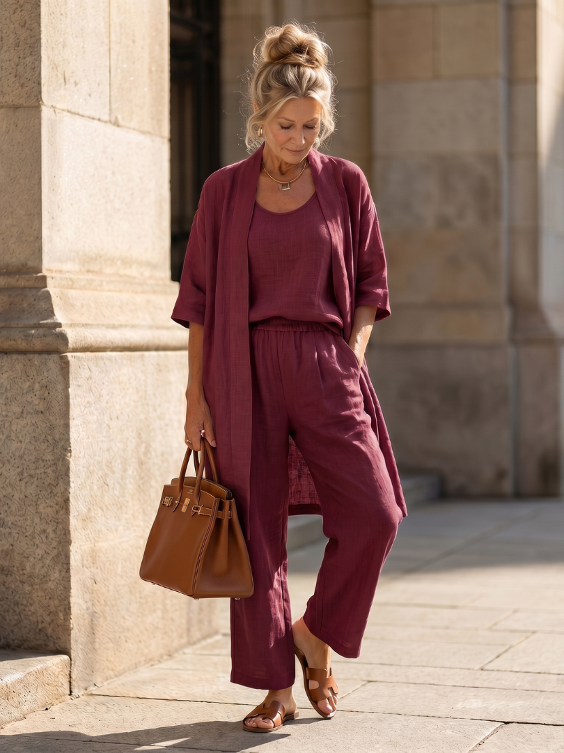 Liora Linnen Set Dames featuring a sleeveless top, wide-leg pants, and a longline cardigan, perfect for a stylish and comfortable summer - 8