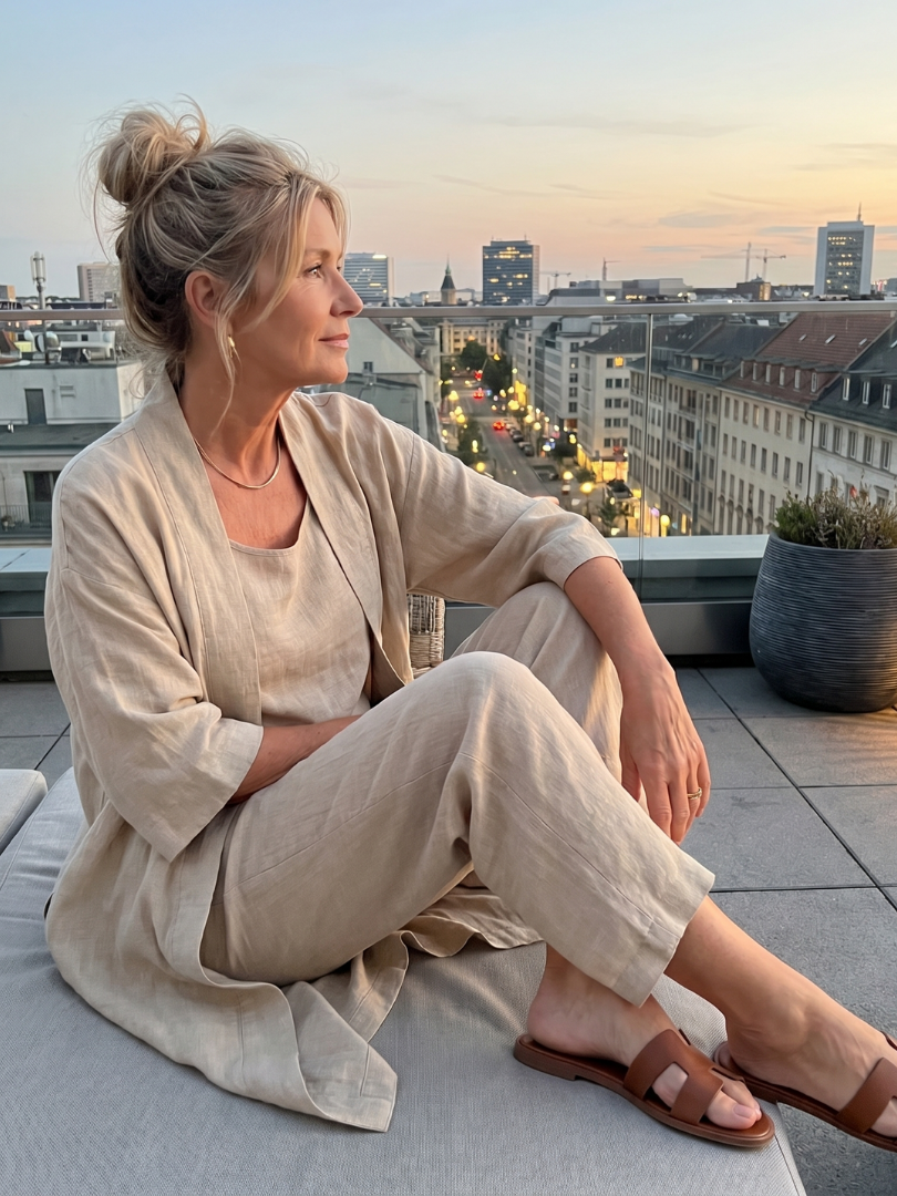 Liora Linnen Set Dames featuring a sleeveless top, wide-leg pants, and a longline cardigan, perfect for a stylish and comfortable summer - 10