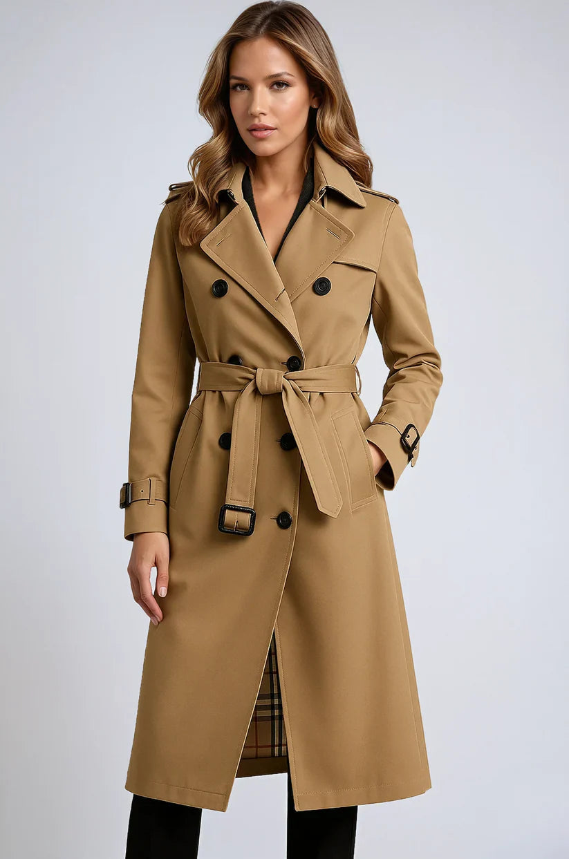 Dames Trenchcoat in timeless black, featuring a long silhouette and double-breasted button closure, perfect for stylish layering in any season - 1