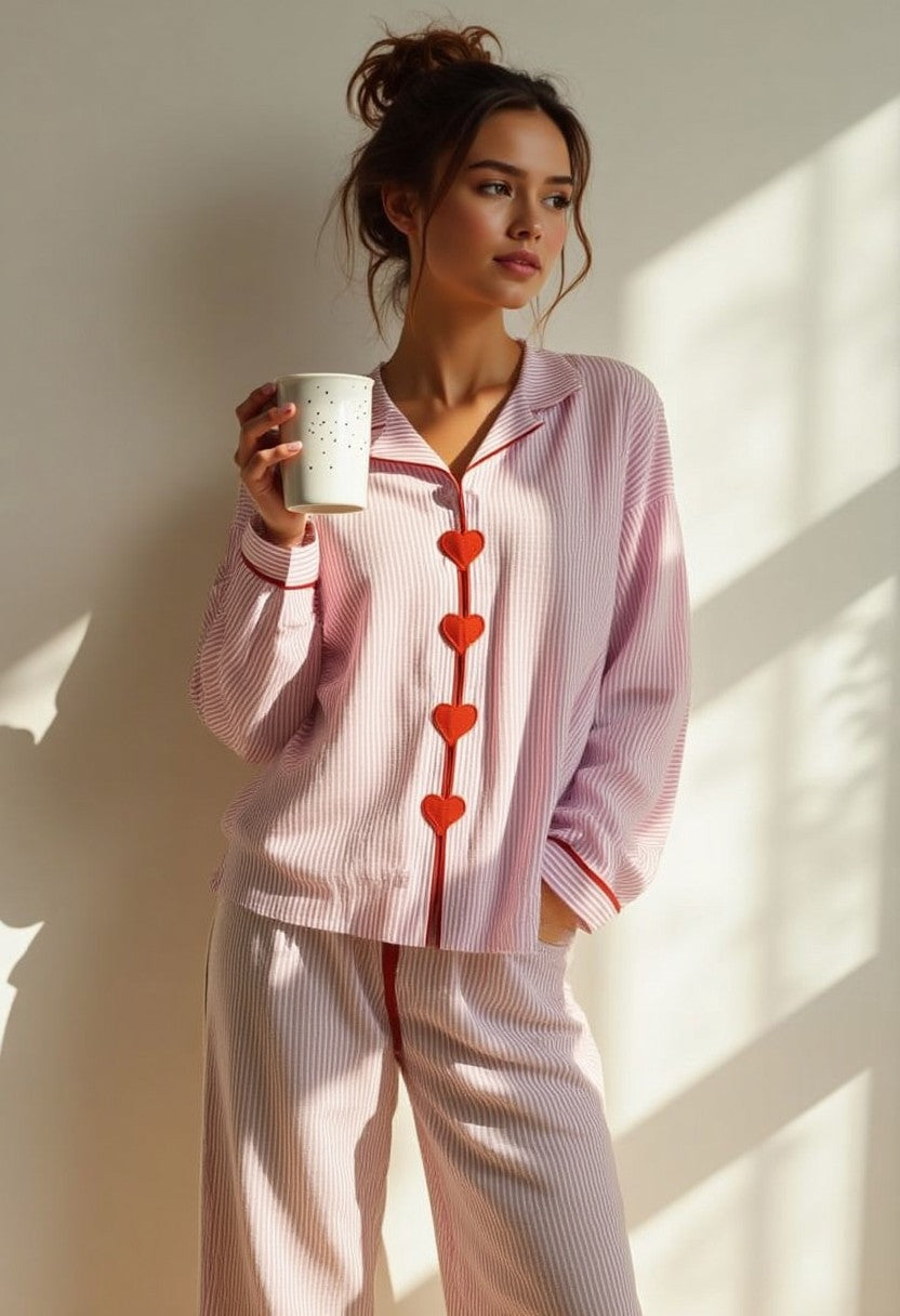 Piena Pyjama Set voor dames, gemaakt van katoen met een elastische taille, versierd met schattige hartjes knoopjes. - 1