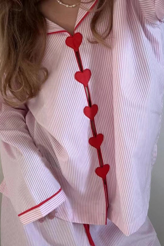 Piena Pyjama Set voor dames, gemaakt van katoen met een elastische taille, versierd met schattige hartjes knoopjes. - 2