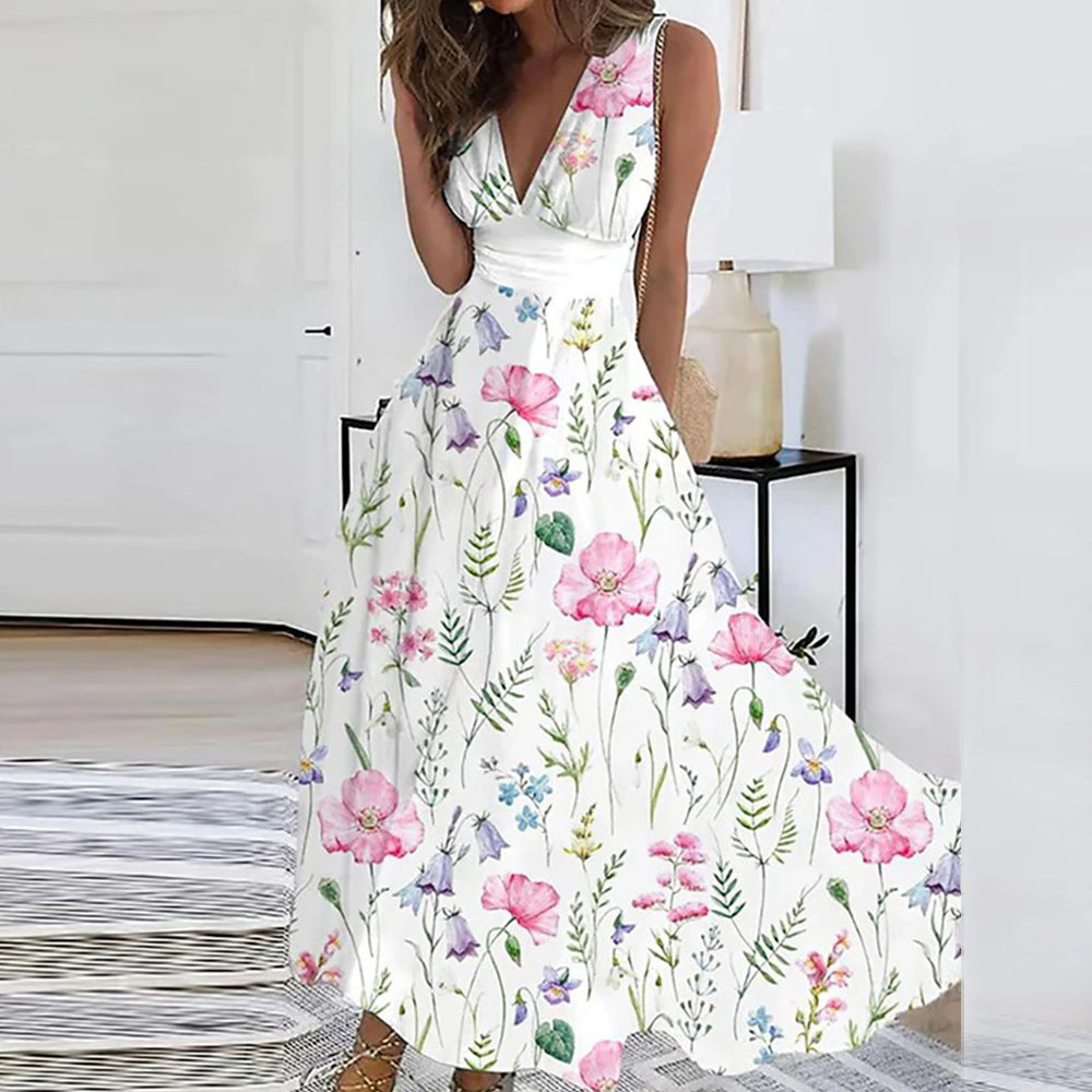 Floral V-hals Jurk – Luchtige Zomerjurk met Bloemenprint en Elegante Pasvorm