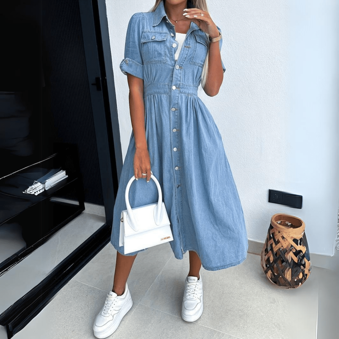 Denim Midi Jurk – Tijdloze Spijkerjurk voor Vrouwen met Comfortabele Pasvorm